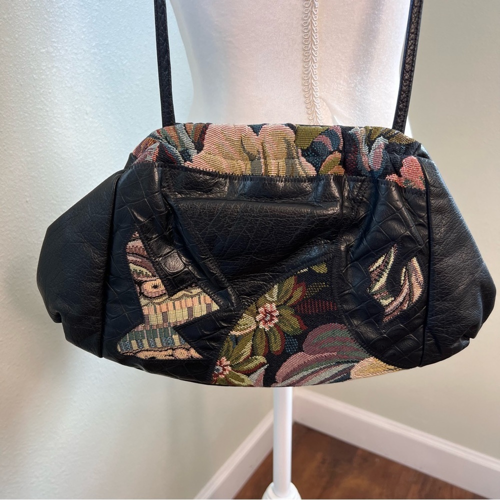 Vintage 80s Fifth Avenue Black Leather Patchwork Crossbody Purse - Picture 3 of 9